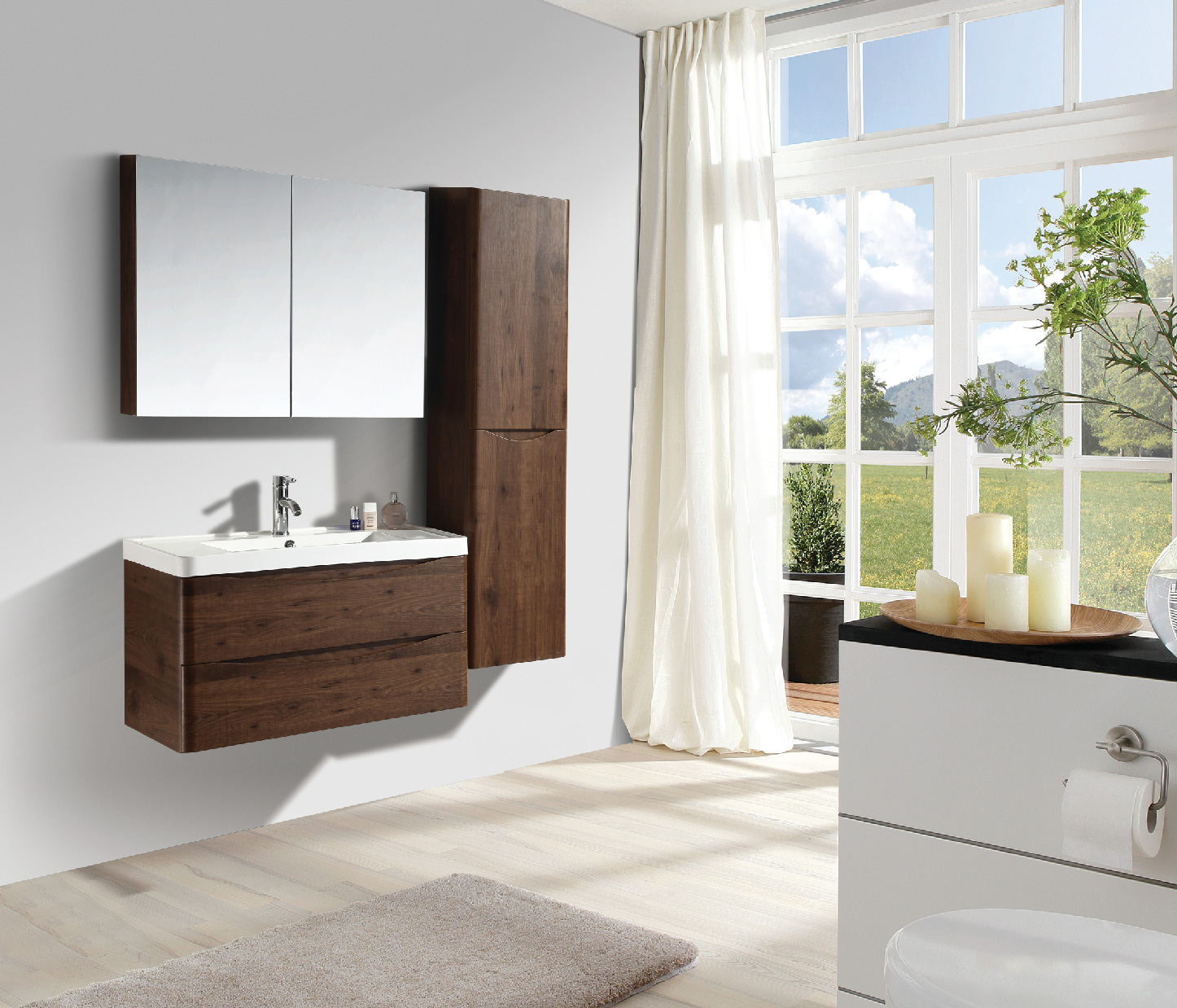 Wall Hanging PVC Thermoformed Modern Bathroom Basin Cabinet Vanity Set with Mirror Cabinet And Side Storage Cabinet