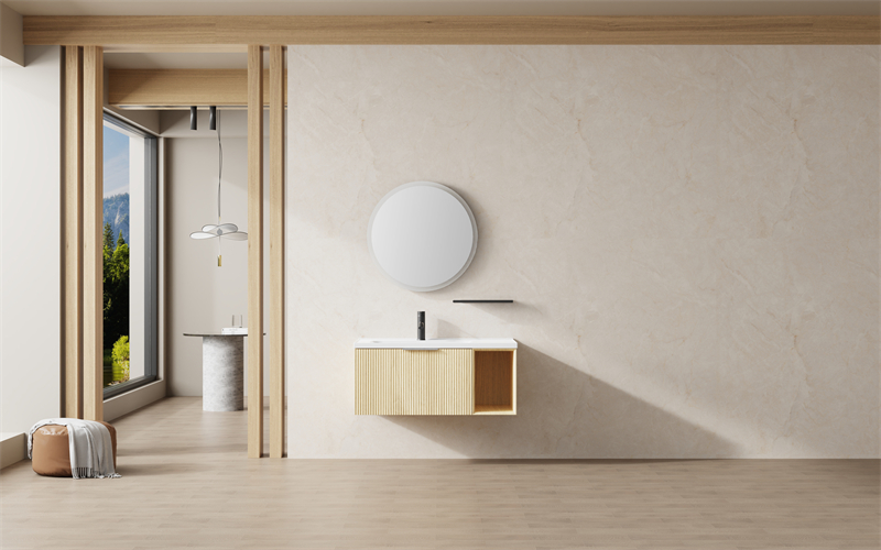 Light Wood Fluted Vanity Floating Bathroom Cabinet with Open Shelf | Custom Size, Color & Material | Entop OEM/ODM Manufacturer