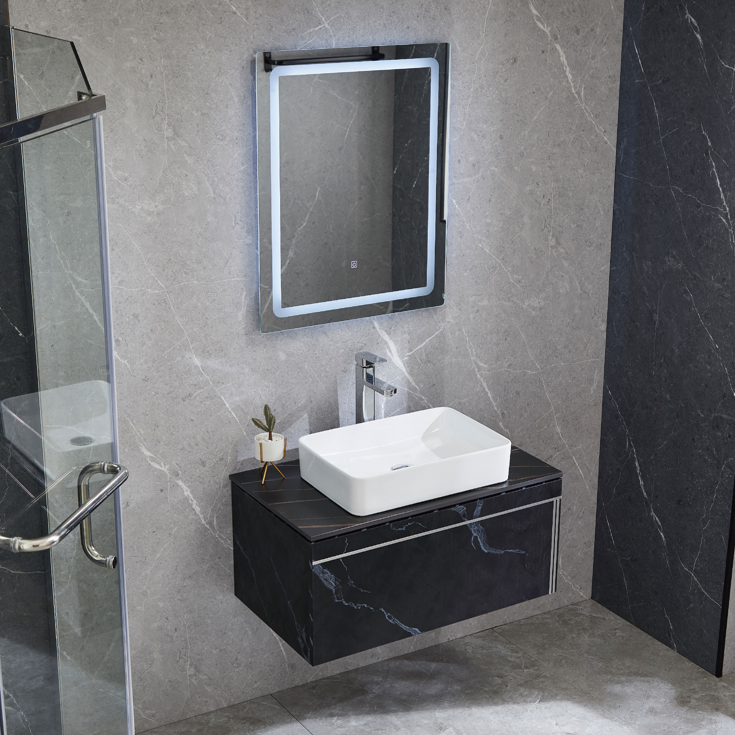 Bathroom Cabinets Wall Mounted Vanity With Black Sintered Stone Top