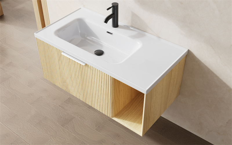 Light Wood Fluted Vanity Floating Bathroom Cabinet with Open Shelf | Custom Size, Color & Material | Entop OEM/ODM Manufacturer