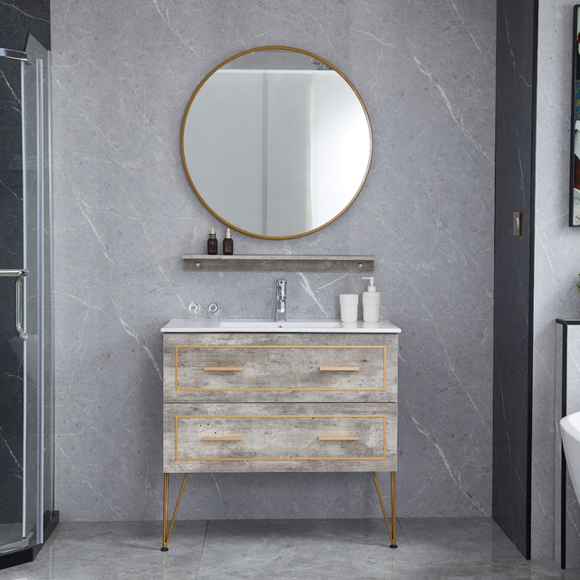 Bark Brown Wood Color Bathroom Cabinets Wall Mounted Vanity Golden Line Decoration