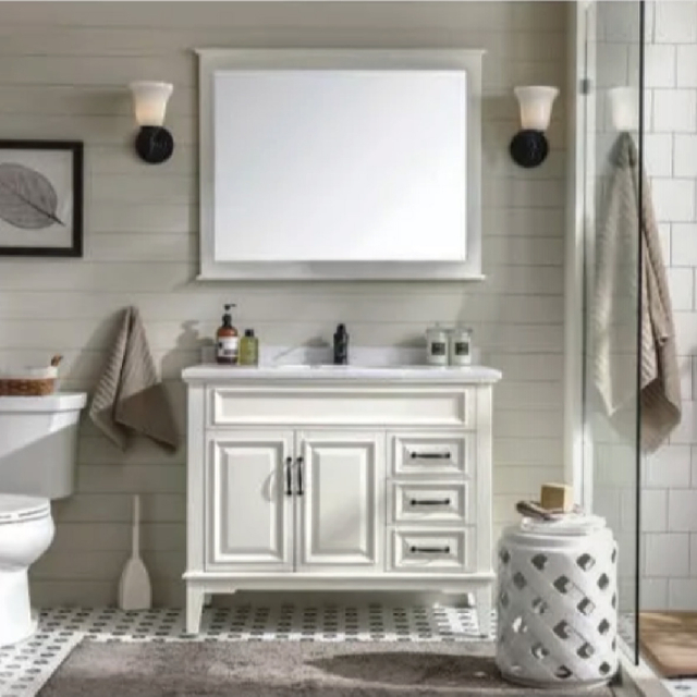 Antique North American Style Floor Standing Bathroom Cabinet Lacquer Finish Walnut And White Color
