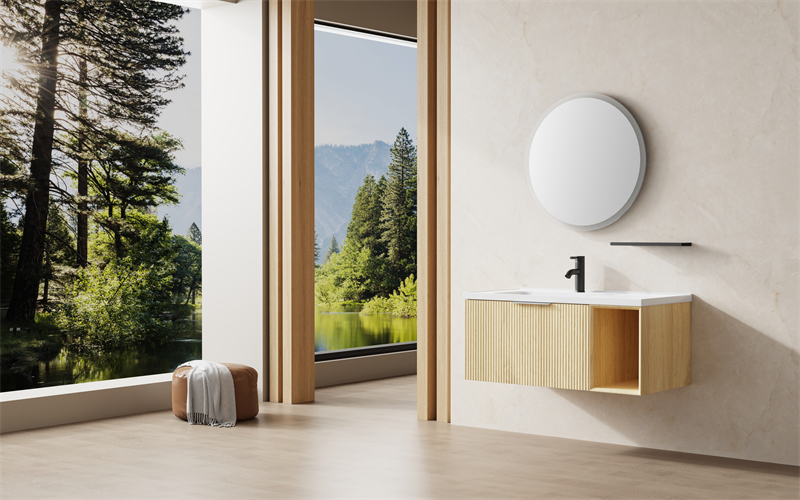 Light Wood Fluted Vanity Floating Bathroom Cabinet with Open Shelf | Custom Size, Color & Material | Entop OEM/ODM Manufacturer