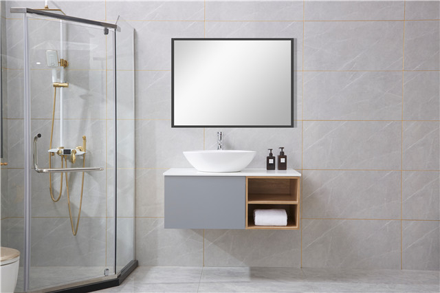 Cement Grey Chinese Mirrored Single Bathroom Cabinets Vanity