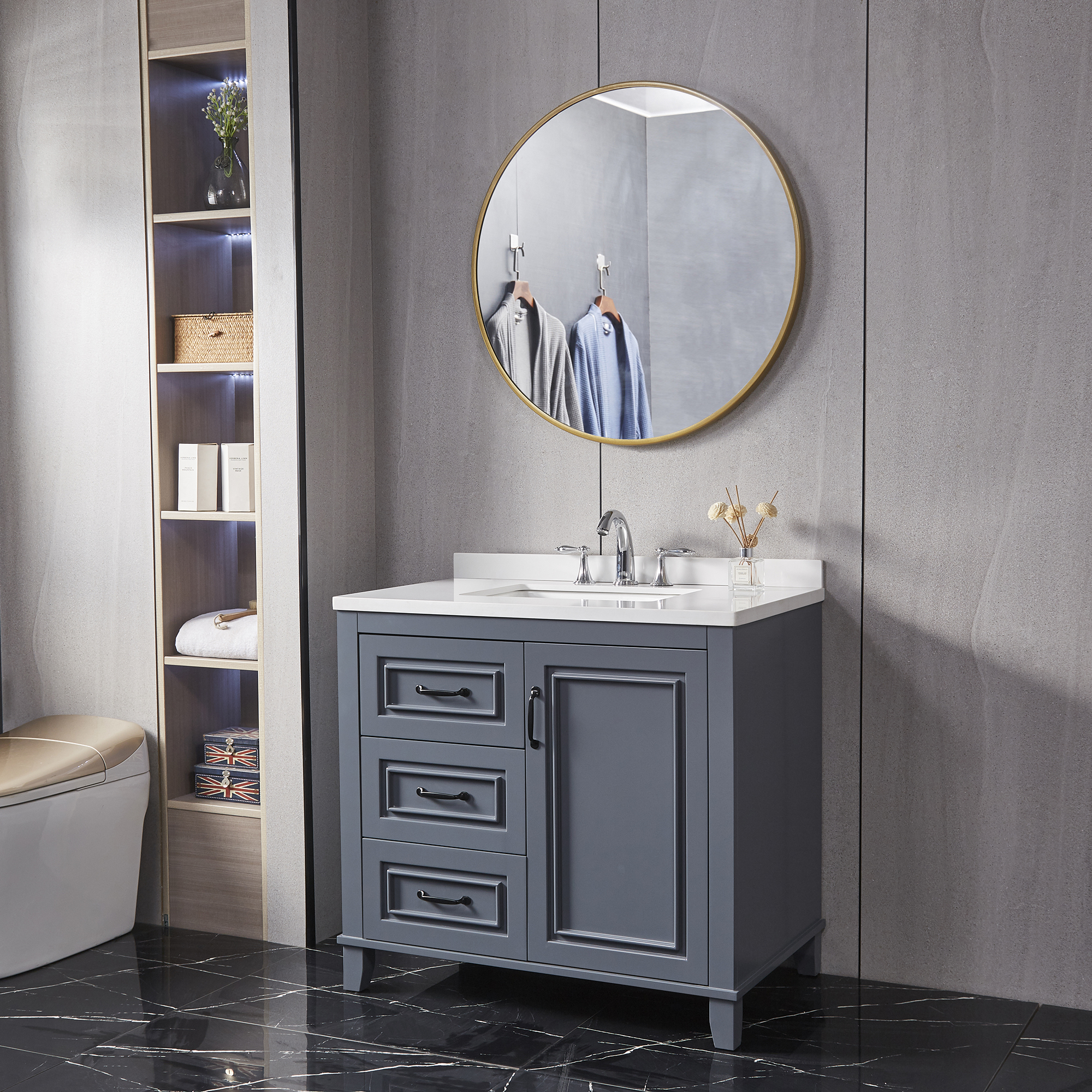 Grey Bathroom Vanity with Iron Framed Mirror