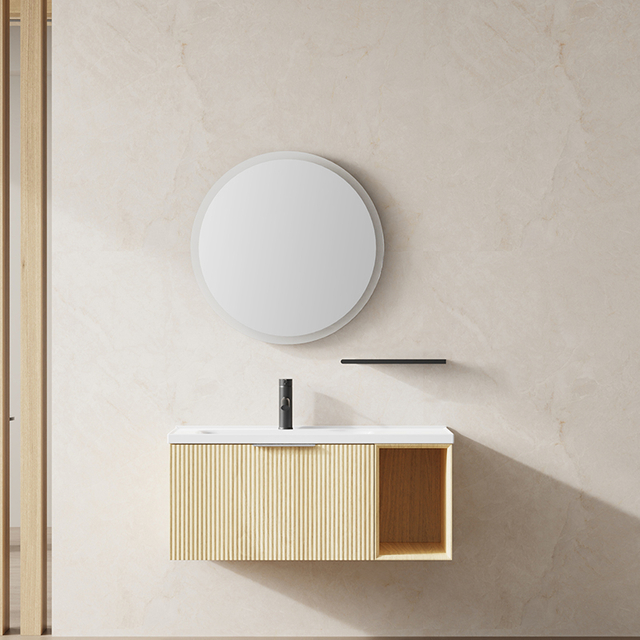 Light Wood Fluted Vanity Floating Bathroom Cabinet with Open Shelf | Custom Size, Color & Material | Entop OEM/ODM Manufacturer