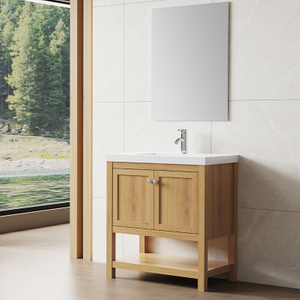 Customizable Wood Bathroom Vanity Set | Open Shelf, Integrated Basin & Mirror