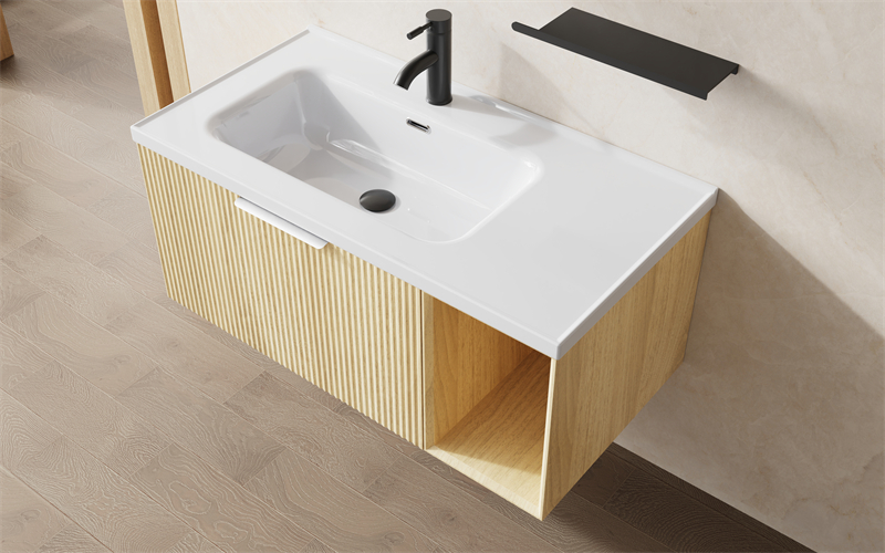 Light Wood Fluted Vanity Floating Bathroom Cabinet with Open Shelf | Custom Size, Color & Material | Entop OEM/ODM Manufacturer