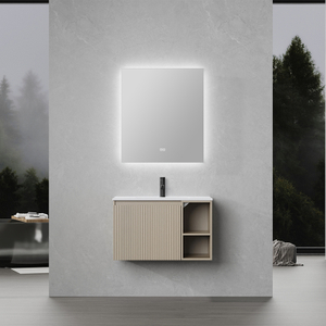 Custom Floating Wood Grain Bathroom Vanity with Mirror Open Storage Shelves