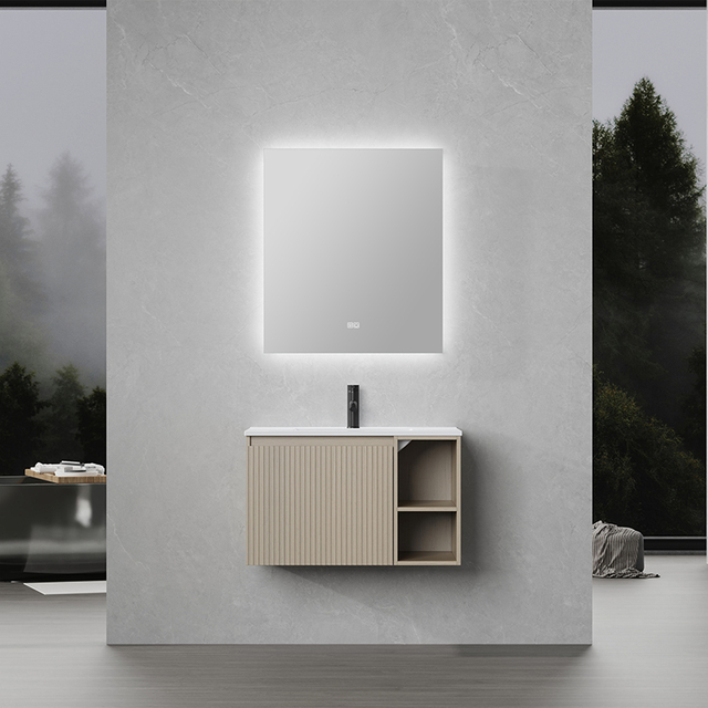 Custom Floating Wood Grain Bathroom Vanity with Mirror Open Storage Shelves