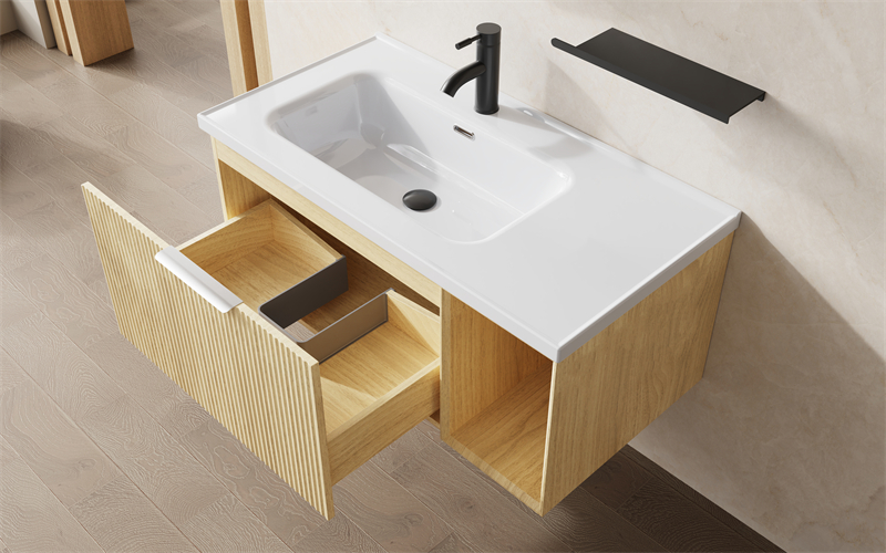 Light Wood Fluted Vanity Floating Bathroom Cabinet with Open Shelf | Custom Size, Color & Material | Entop OEM/ODM Manufacturer