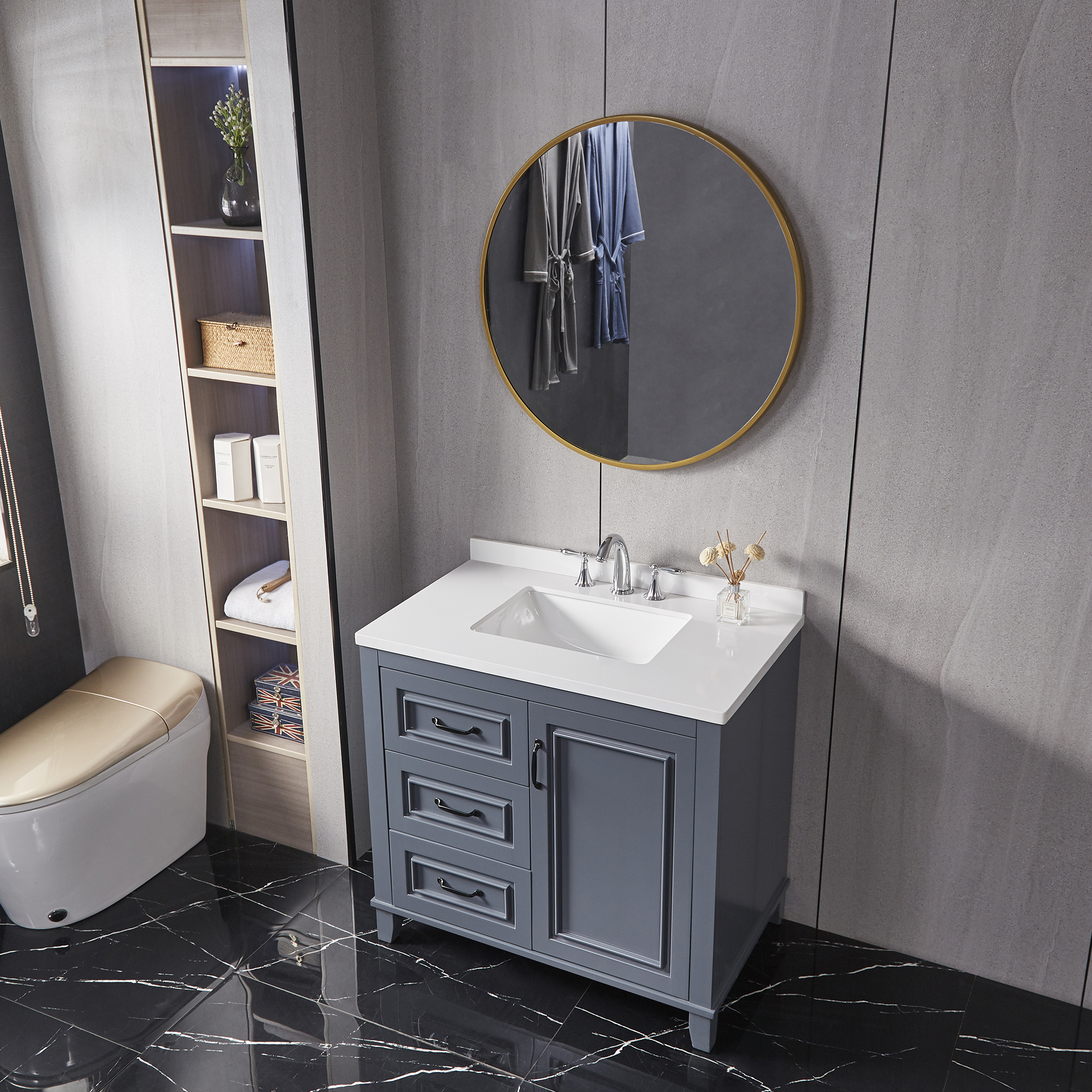 Grey Bathroom Vanity with Iron Framed Mirror